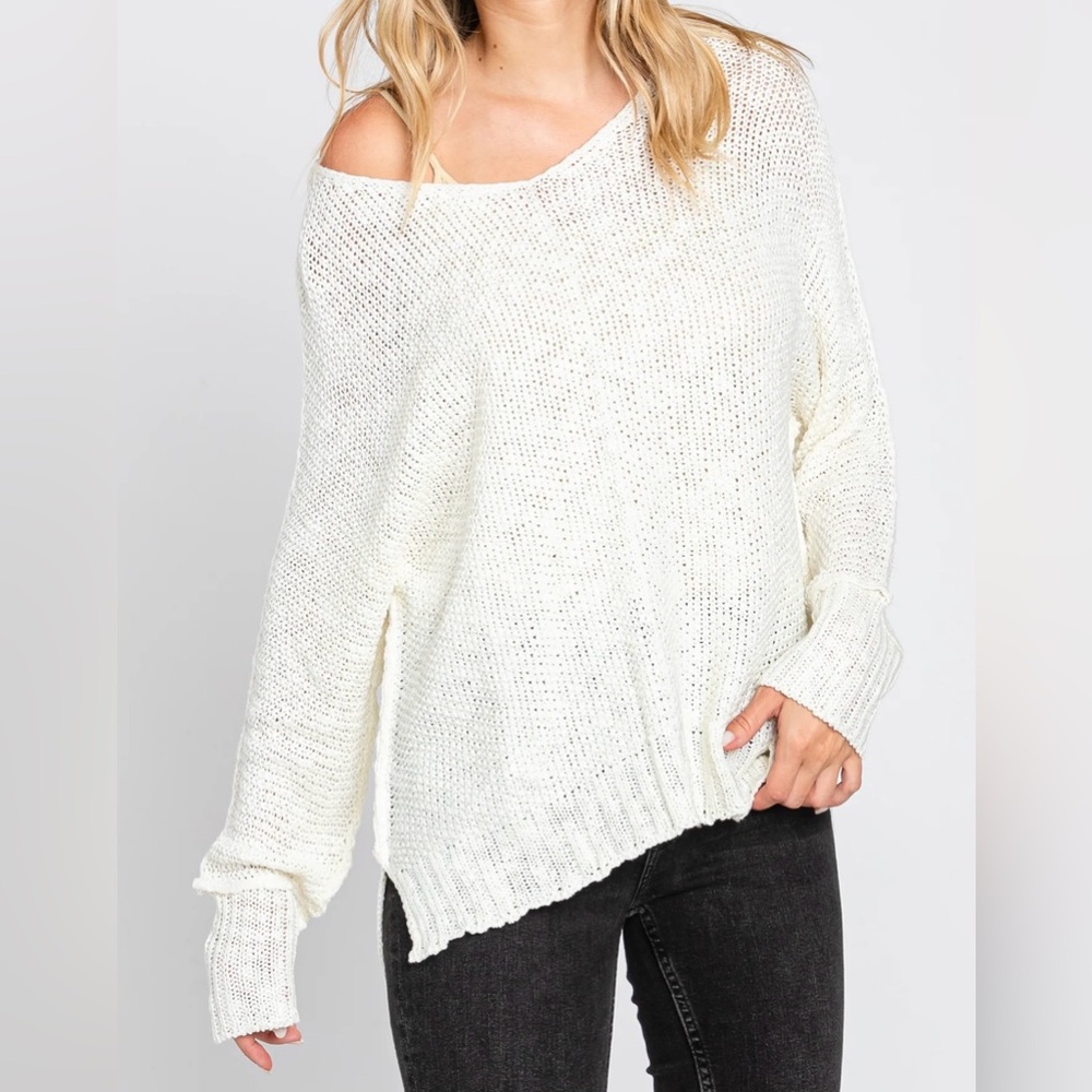 Cream Chunky Knit Side Slit Sweater